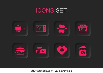 Set Kitchen meat grinder, Microwave oven, Cooking pot on fire, Chef hat, Oven, Scales, Rolling pin dough and  icon. Vector