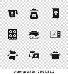 Set Kitchen meat grinder, Microwave oven, Cooking pot, Cookbook, Measuring cup, Scales and Gas stove icon. Vector