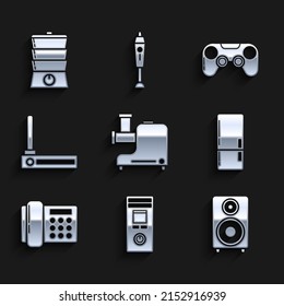 Set Kitchen meat grinder, Remote control, Stereo speaker, Refrigerator, Telephone, Router and wi-fi signal, Gamepad and Double boiler icon. Vector