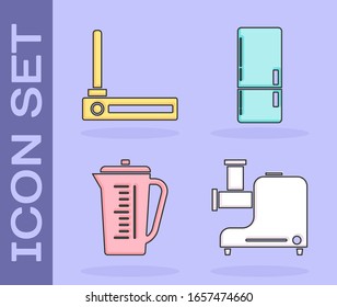 Ponga el triturador de carne Kitchen , el router y la señal wi-fi , el vaso medidor y el icono del refrigerador. Vector
