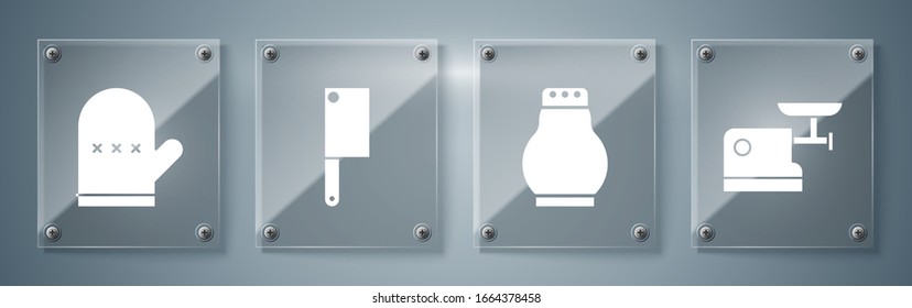Set Kitchen meat grinder, Salt and pepper, Meat chopper and Oven glove. Square glass panels. Vector