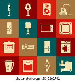 Ponga un molino de carne de cocina, lavadora, báscula de baño, altavoz estéreo, lámpara de mesa, mando a distancia, Blender y un icono de microondas. Vector