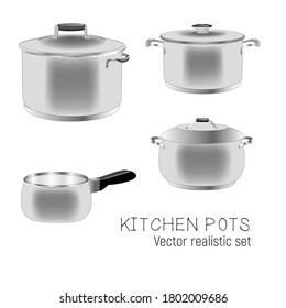 Set of kitchen metal pans. Illustration of cookware realistic design isolated on a white background.
