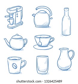 Set of kitchen objects and crockery: tea pot, coffee machine, cup, jug, glass and kettle. Hand drawn blue line art cartoon vector illustration. 