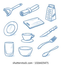 Set of kitchen objects and dishes as: peeler, serviette, glass, cup, cutting board, knife, fork, spoon, plate, bowl and garter.  Hand drawn blue line art cartoon vector illustration. 