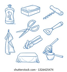 Set of kitchen objects and tools as: can and bottle opener, cocrk screw, scissors, sponge, dish detergent, juicer and towel. Hand drawn blue line art cartoon vector illustration. 