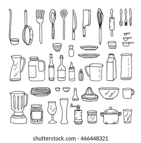 A set of kitchen objects vector line illustration