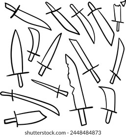 A set of kitchen and other types of knives. The art is suitable for creating cartoon weapons in games and visual projects.