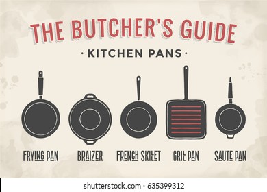 Set of kitchen pans. Poster Kitchenware - Pans, grill, pot. Vintage typographic hand-drawn pans silhouette for butcher shop, kitchen, restaurant menu, graphic design. Food theme. Vector Illustration