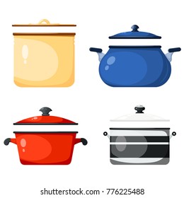 Set of kitchen pans in the style of a card. Vector illustration of kitchen accessories. Kitchen casserole on a white background
