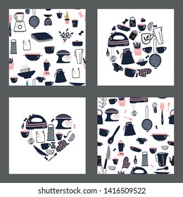 Set of kitchen patterns and vector prints with kitchen and cooking theme, tea pot, mixer, blender, kitchen gloves and cups and much more.