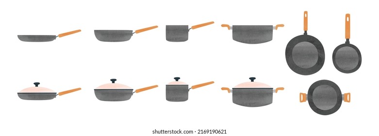 Set of kitchen pots and pans with lid watercolor style vector illustration isolated on white background. Frying pan, deep frying pan, saucepan, stew pot, stock pot. Kitchen frying pan clipart