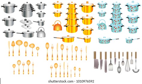 Set of kitchen pots and pans. Kitchen utensils Set. Collection of knives, spoons and scoops. Kitchenware collection  of stainless steel, enamel and copper on white background