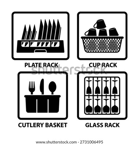Set of kitchen racks. Plate, cup, cutlery, glass racks. Kitchen accessories. Furniture, equipment for kitchen. Vector icons.