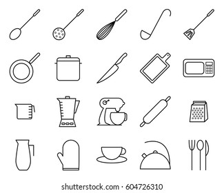 Set of kitchen related vector line icons. Contain icons such as knife, pan and blender. Editable stroke with 48 x 48 pixel.