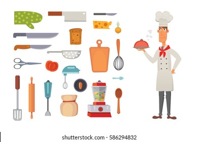 Set kitchen shelves and cooking utensils vector. Chef character concept cartool illustration.