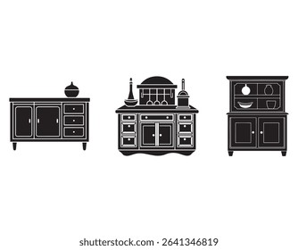 set of kitchen sideboard,kitchen hutch kitchen buffet icon silhouette-vector illustration