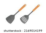 Set of kitchen spatula with wooden handle watercolor vector illustration isolated on white background. Solid spatula and slotted spatula hand drawn cartoon. Simple solid and slotted spatula clipart