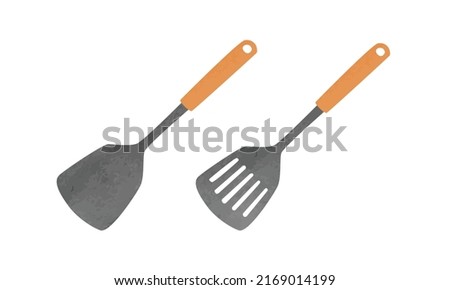 Set of kitchen spatula with wooden handle watercolor vector illustration isolated on white background. Solid spatula and slotted spatula hand drawn cartoon. Simple solid and slotted spatula clipart