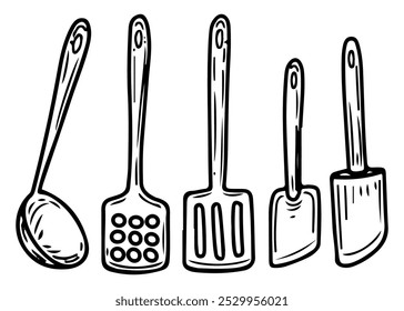 Conjunto de cucharas de cocina espátulas dibujadas a mano doodle. Dispositivo para mezclar, transferir alimentos. Cocinando. Cucharón. Utensilios de vajilla. Aparato electrodoméstico. Vector boceto línea ilustración de arte.