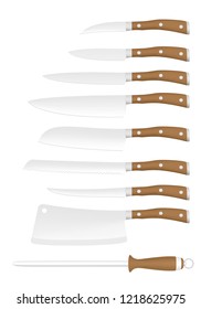 Set of kitchen steel knives for chef and wooden handle with rivet and stainless trim with a grinder on a white background