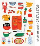 Set of kitchen stuff, fruit and food sticker. Fruits, vegetables, tomatoes, lobster, banana, orange, apple, carrot, crisps, lemon, butter, noodle, soup, pot, fridge, spatula, chopsticks, knife, canned food, spoon, fork, apple juice, vase, bottle. Food stickers.