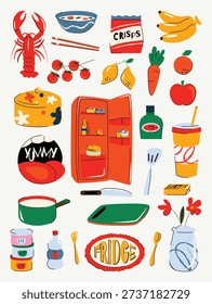 Set of kitchen stuff, fruit and food sticker. Fruits, vegetables, tomatoes, lobster, banana, orange, apple, carrot, crisps, lemon, butter, noodle, soup, pot, fridge, spatula, chopsticks, knife, canned food, spoon, fork, apple juice, vase, bottle. Food stickers.