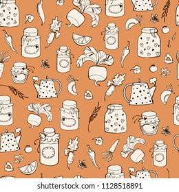 Set of kitchen stuff, utensil. Doodles hand drawn sketchy vector symbols and objects. Seamless pattern.