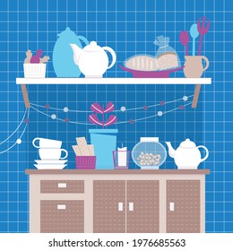 Set of kitchen supplies in interior