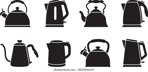 Set of kitchen teakettle and electric water kettle silhouette icons
