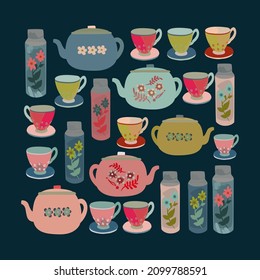 conjunto de tetera y tazas de cocina