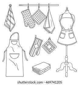 Set of kitchen textiles. Hand drawn icon collection. Doodle background with sketch objects