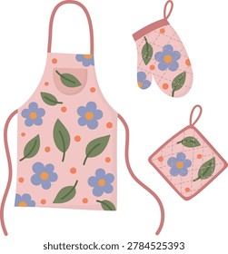 Set of kitchen textiles with pink apron, oven mitt and pot holder. Illustration of kitchen accessories with floral design