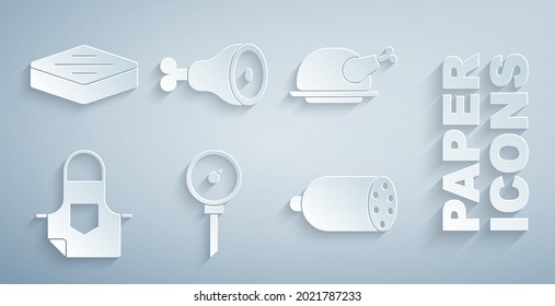 Set Kitchen thermometer, Roasted turkey or chicken, apron, Salami sausage, Chicken leg and Steak meat icon. Vector