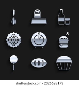 Set Kitchen timer, Bread loaf, Muffin, Burger, Frying pan, Cracker biscuit, Glass bottle with milk and glass and whisk icon. Vector