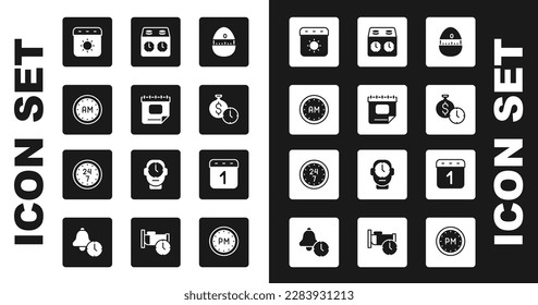 Set Kitchen timer, Calendar, Morning, summer, Time is money, chess clock,  and Clock 24 hours icon. Vector