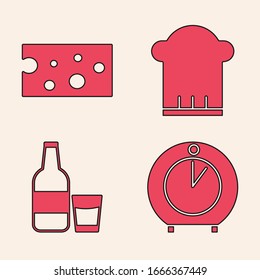 Set Kitchen timer , Cheese , Chef hat  and Glass bottle with milk and glass  icon. Vector