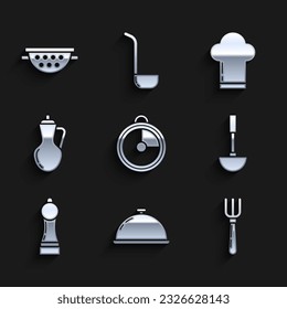 Set Kitchen timer, Covered with a tray of food, Fork, ladle, Pepper, Bottle olive oil, Chef hat and colander icon. Vector