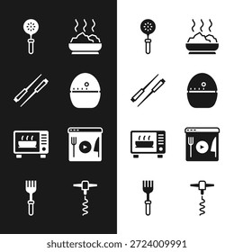Ajuste o temporizador da cozinha, pauzinhos de comida, Espátula, Tigela de sopa quente, forno de micro-ondas, Cozinhar ao vivo, saca-rolhas de vinho e ícone de garfo. Vetor