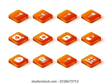 Set Kitchen timer, Microwave oven, Chef hat, Cookbook, Barbecue spatula, Jam jar, Gas stove and Salt icon. Vector