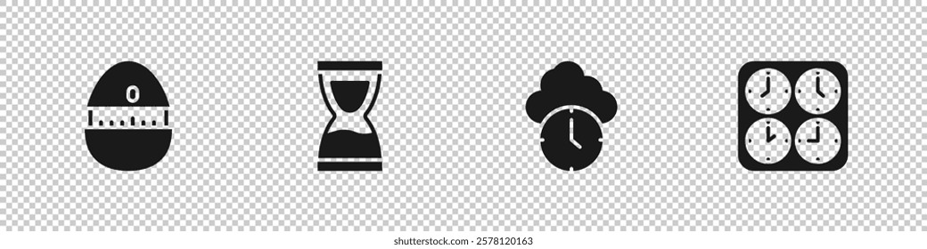 Set Kitchen timer, Old hourglass, Clock and Time zone clocks icon. Vector