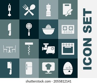 Set Kitchen timer, Oven, Gas stove, Pepper, Spatula, Knife, Blender and Citrus fruit juicer icon. Vector