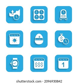 Set Kitchen Timer, Payday, Kalender mit Dollar, Kalender, Zeit ist Geld, Armbanduhr, Sommer, Antiquitätenuhr und Stocks Markt Wachstum Graphs Symbol. Vektorgrafik
