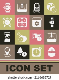 Set Kitchen Timer, Sunset, Wrist Watch, Antique Clock, Time Zone Clocks, Alarm,  And Calendar Spring Icon. Vector