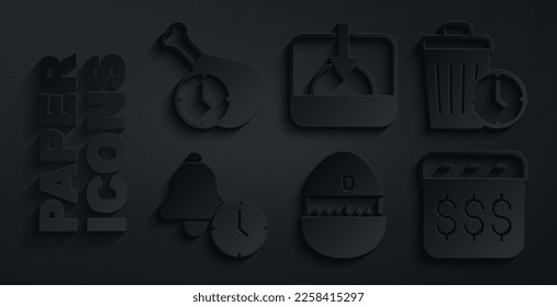Establecer temporizador de cocina, desperdicio de, reloj de alarma, día de pago, calendario con dólar, atardecer e icono de comida. Vector