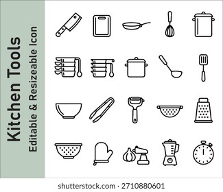 Conjunto de iconos de herramientas de cocina que incluyen cuchillos, espátulas, cucharas, tenedores, tablas de cortar, licuadoras y utensilios de cocina. Perfecto para cocinar, recetas y diseños culinarios.