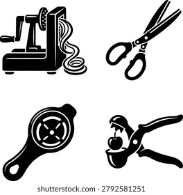 Set of kitchen tools, baking equipment, cooking gadgets, culinary items, food preparation aids, kitchenware collection.