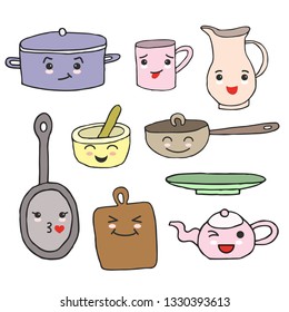 Set of  kitchen tools with cartoon kawaii faces and different emotions. Vector illustration.