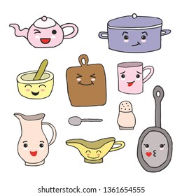 Set of  kitchen tools with cartoon kawaii faces and different emotions. Vector illustration.