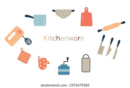 Set of kitchen tools. Collection of icons of kitchen utensils with a knife, pots, kettle, grater, rolling pin, cutting board. Cooking and dishes. Vector